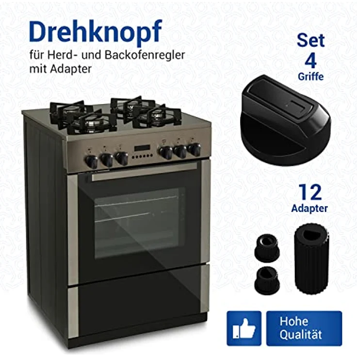 VIOKS 4x Drehknopf Herd Schwarz, Universal Schalter mit 16-teiligem Adapter Set für Backöfen & Elektroherde, robust mit Nullmarkierung – Bild 2