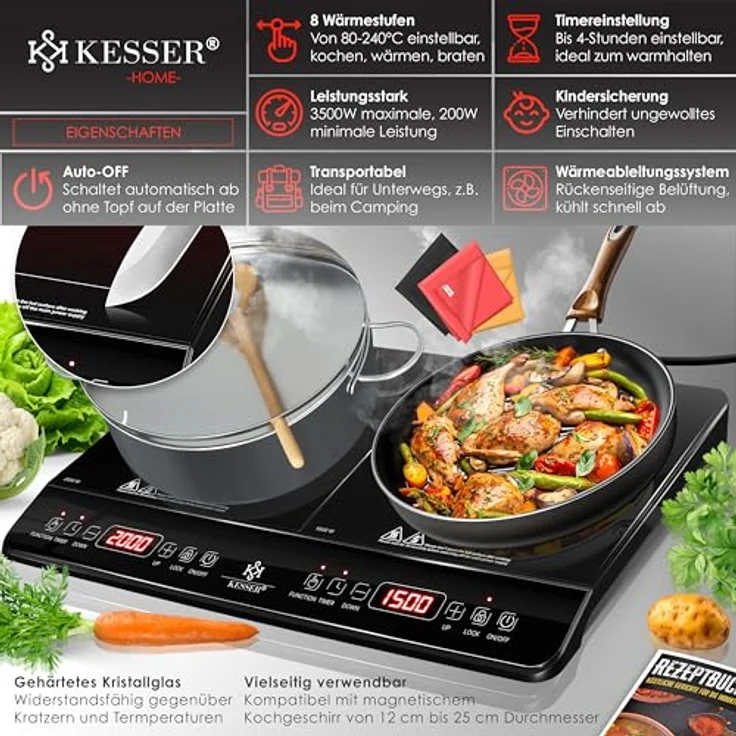 KESSER® Induktionskochplatte Induktionskochfeld 2 Platten 3500W Tragbares 57cm Kochplatte + 3x Mikrofasertuch + 1x Rezeptbuch, 8 Heizstufen, 4-Stunden-Timer, Touch-Steuerung, Booster-Funktion 220-240V, Kristallglasgehäuse, Kindersicherung, Auto-OFF-Funktion, Transportfähig – Bild 2