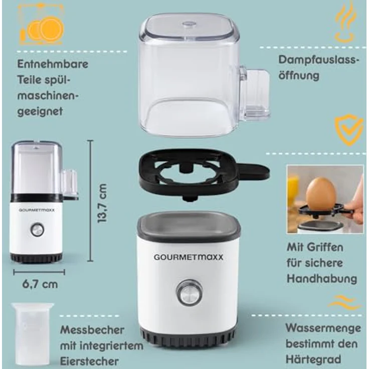 GOURMETmaxx Eierkocher für 1 Ei, Design Eierkocher weiß mit Eierstecher, 3 Härtegrade, spülmaschinenfeste Teile, kompakt und leicht zu reinigen – Bild 2