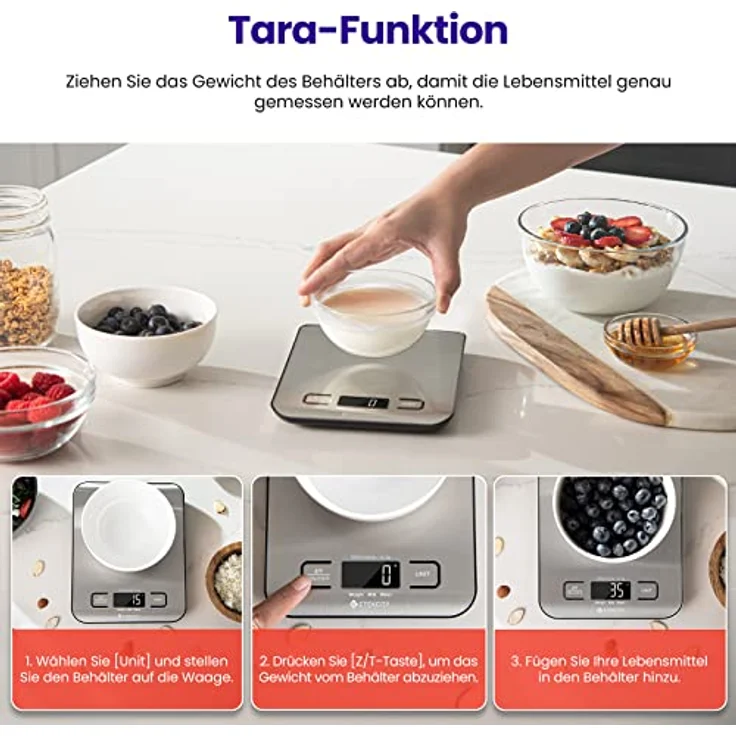 ETEKCITY Küchenwaage, Küchenwaage digital 5KG mit großem LCD-Display,Digitalwaage, Briefwaage mit Großer Edelstahl Wiegefläche, Flüssigkeitsmessung, hohe Präzision auf bis zu 1g, Tara-Funktion, Silber – Bild 5