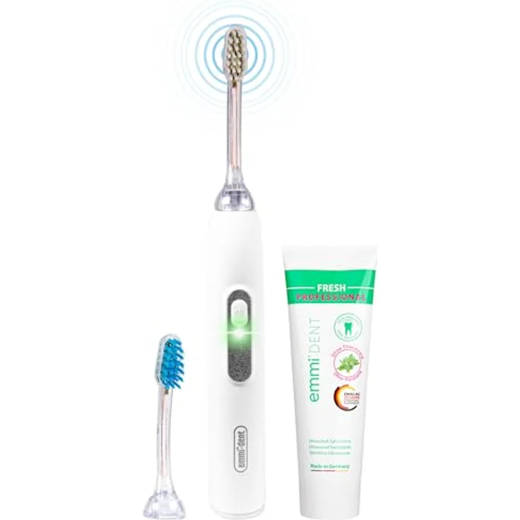 Emmi-dent elektrische Ultraschall Zahnbürste Metallic Weiß I - ideal für empfindliche Zähne & Zahnfleisch, sanfte Reinigung ohne Schrubben, für Erwachsene & Kinder – Bild 1