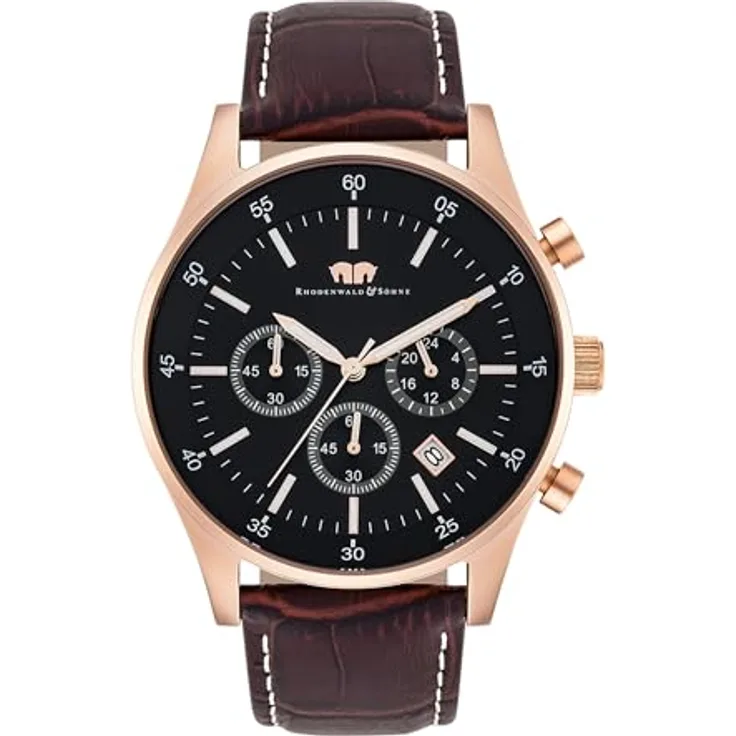 Rhodenwald & Söhne Goodwill Herrenuhr Chronograph Edelstahl roségold schwarz 5 ATM Präzisions-Quarzwerk Echtlederarmband Dunkelbraun Armbanduhr