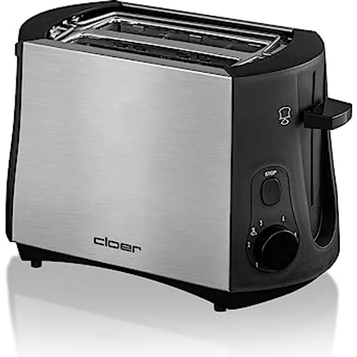 Cloer 3419 Toaster für 2 Toastscheiben, 825 W, integrierter Brötchenaufsatz, Nachhebevorrichtung, Krümelschublade, wärmeisoliertes Edelstahlgehäuse, Schwarz, Edelstahl – Bild 3