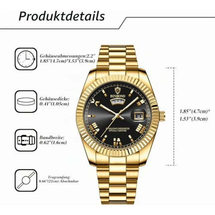 JewelryWe Herrenuhr Edelstahl Leuchtend Uhr, 30m wasserdicht, Analog Quarz mit römischen Ziffern und Leuchtzeigern, Gold Edelstahlarmband – Bild 3