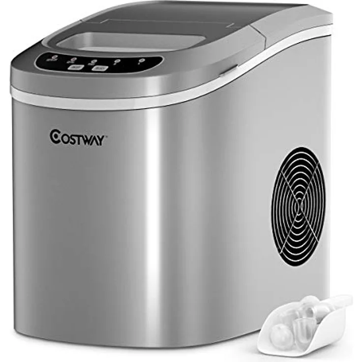 COSTWAY Eiswürfelmaschine 12KG/24H, Ice Maker 9 Eiswürfel in 6-13min, Eismaschine 2,2L Wassertank, Eiswürfelbereiter 2 Eiswürfelgrößen inkl. Schaufel, 25x36x33cm (Silber)
