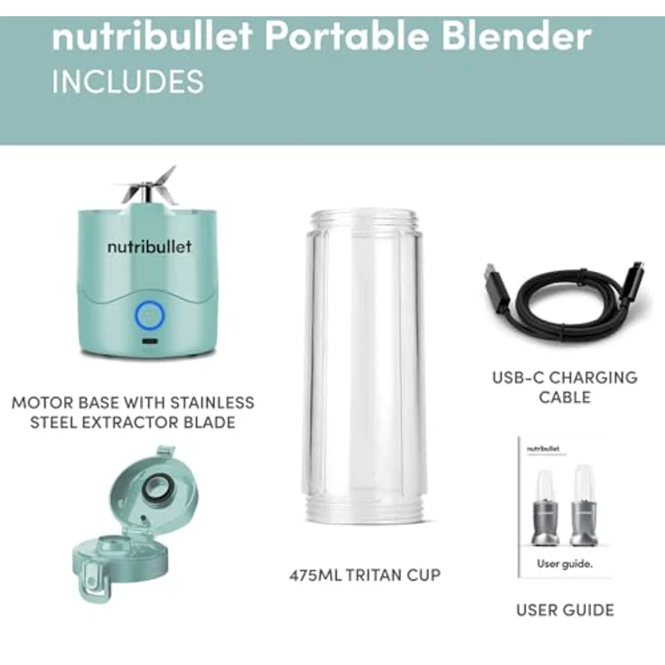 NutriBullet Tragbarer 60-W-Mixer in Hellblau – leistungsstarke Extraktorklinge, 590-ml-Tasse, To-Go-Deckel, USB-C-Ladekabel – Bild 2