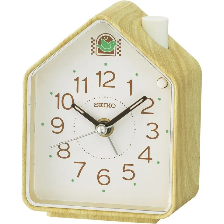 Seiko Wecker Vogelhaus-Form mit Vogelstimmen, hellbraun marmoriert, präzises Quarzwerk, schleichender Sekundenzeiger, Schlummerfunktion