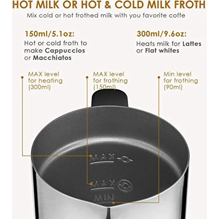 OZAVO Milchaufschäumer, elektrische Milk Frother, 240ml Kapazität, 500W Milchschäumer, Warm und Kaltaufschäumen für Kaffee, Cappuccino, antihaftbeschichtet, 360° Basisstation – Bild 3