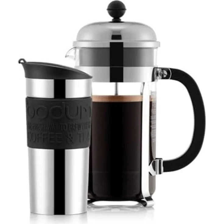 Bodum K11068-01 Set aus Chambord Kaffeebereiter 8 Tassen und Travel Mug Becher, 0,35 l, Edelstahl mit Silikonring, Schwarz – Bild 2