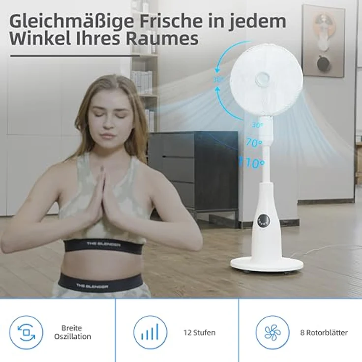 Be Cool BE COOL Premium Sprühnebel Standventilator mit Fernbedienung, 80W, 2L Wassertank, 1500 m³/h, Oszillation & Timer, leiser Betrieb mit Ambientebeleuchtung, Weiß, BCPSN2L01 – Bild 5