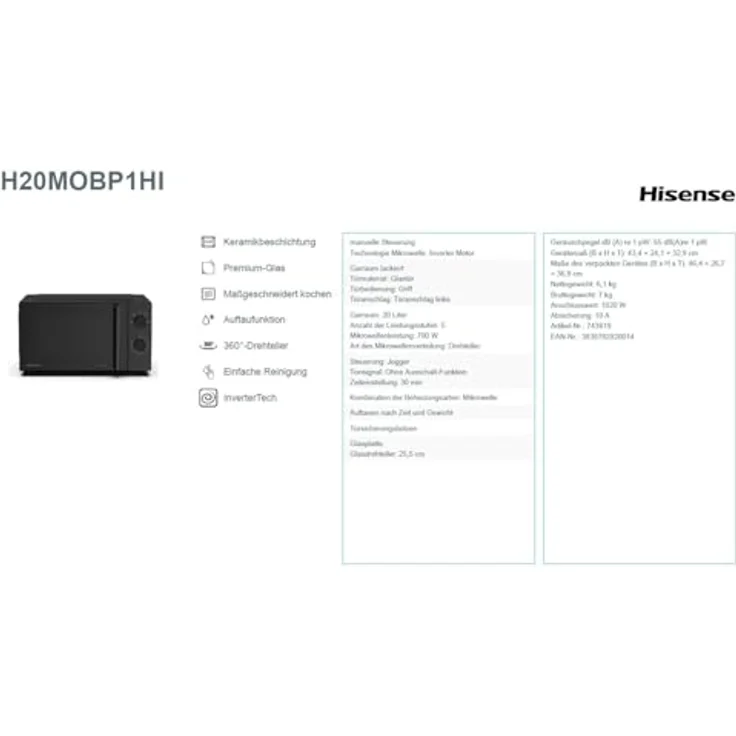 Hisense Mikrowelle H20MOBP1HI, 20 l, Inverter Technologie, Schwarz – Bild 18