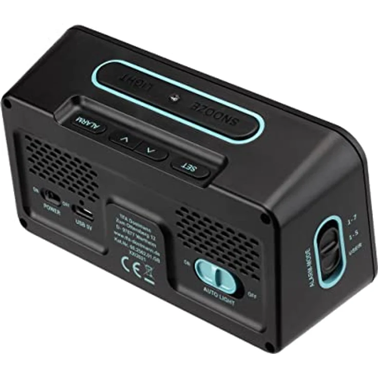 TFA Dostmann Funk-Wecker Boxx2 digital, 60.2562.01.GB, mit Akku, 2 Alarmzeiten, englisches Display, mit Thermo-Hygrometer, schwarz-türkis, (L) 138 x (B) 52 x (H) 72 mm – Bild 3