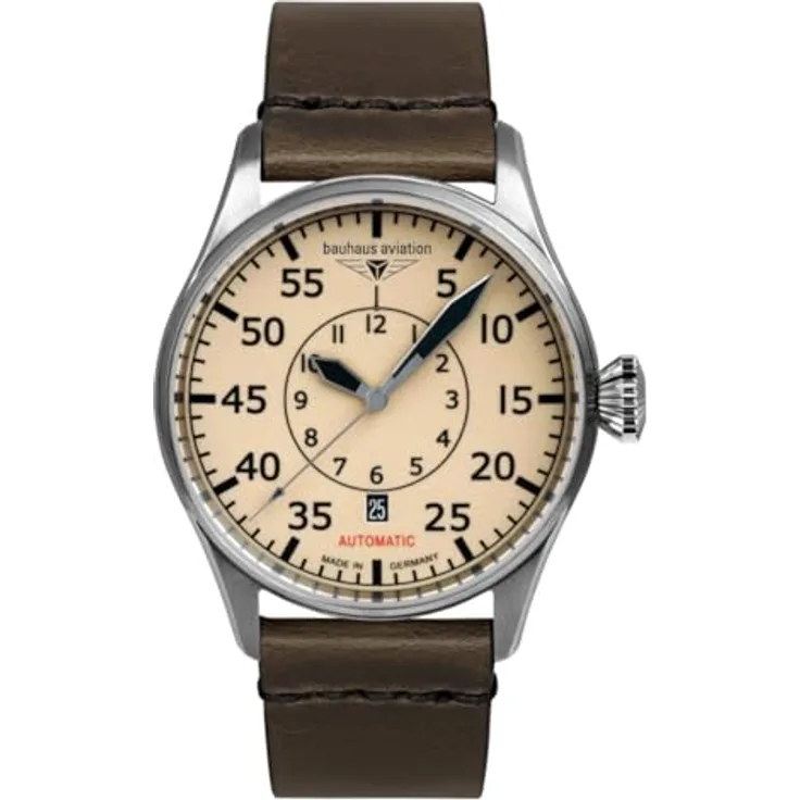 Bauhaus Aviation Flight Control, Automatik Uhr SW 200, Edelstahl, beiges Ziffernblatt mit leuchtenden Zahlen