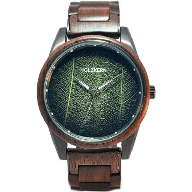 HOLZKERN Edisto Herren-Armbanduhr, Walnuss-Holzgehäuse mit grünem Pappel-Feigenblatt, präzises japanisches Quarzwerk, 40 mm Gehäuse, kratzunempfindliches Mineralglas