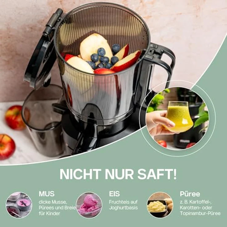 4Swiss WB025 Slow Juicer, Kaltentsafter mit 13 cm XXL Einfüllschacht, BPA-frei, leise Saftpresse für Obst und Gemüse – Bild 5