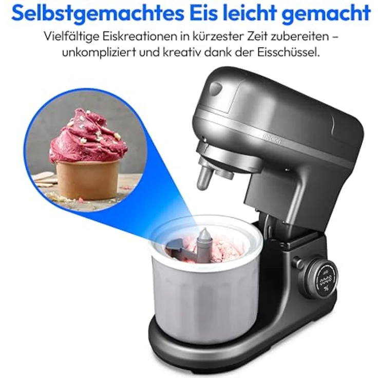 MEDION 4 in 1 Universal Küchenmaschine (1.200 Watt, 8 Stufen, Mischen Kneten Rühren Mixen Fleischwolf, Eisschüssel für Zubereitung von Eis, digitales Display, MD18440) Titan – Bild 3