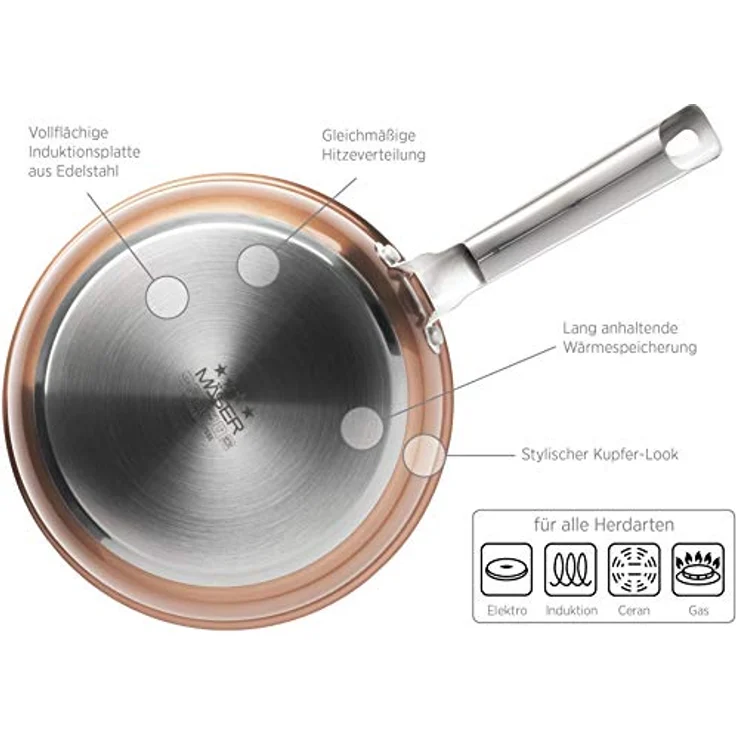 MÄSER Asterion Topfset in modernem kupferfarbenem Design, 4 Töpfe, 1 antihaftbeschichtete Pfanne und 3 Glasdeckel im Set, für alle Herdarten inkl. Induktion, Edelstahl, Glas, Kupfer – Bild 2