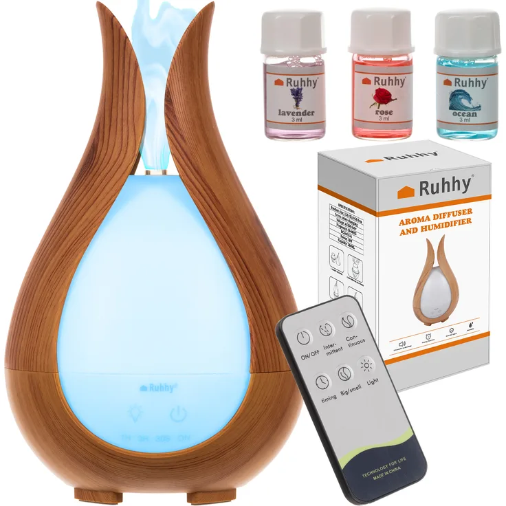 Ruhhy Ultraschall-Luftbefeuchter Diffusor mit Fernbedienung, LED-Beleuchtung, 3 ätherische Öle, leiser Betrieb für gesundes Raumklima