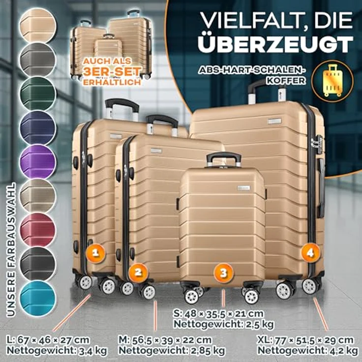 tillvex® Reisekoffer Set 4-TLG. Hartschalenkoffer S-M-L-XL mit TSA Schloss, Gepäckwaage, 8 Koffergurte & 4 Kofferanhänger, 4 Rollen, Champagner – Bild 5
