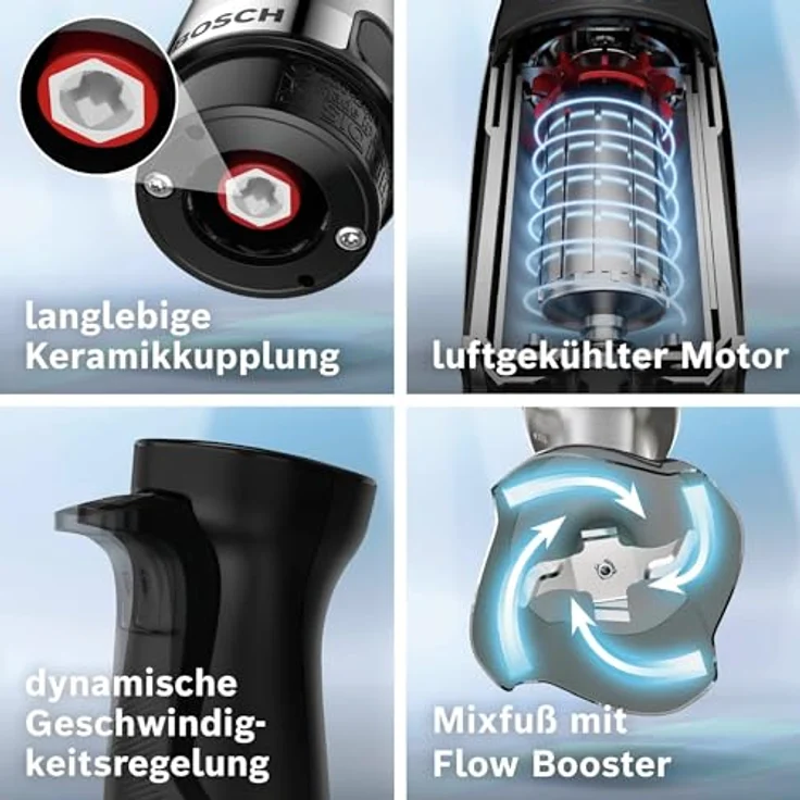 Bosch ErgoMaster Serie 6 MSM6M810 Stabmixer, 1200 Watt, stufenlose Geschwindigkeitsregelung, Pulse, inkl. Messbecher, silber, schwarz – Bild 3
