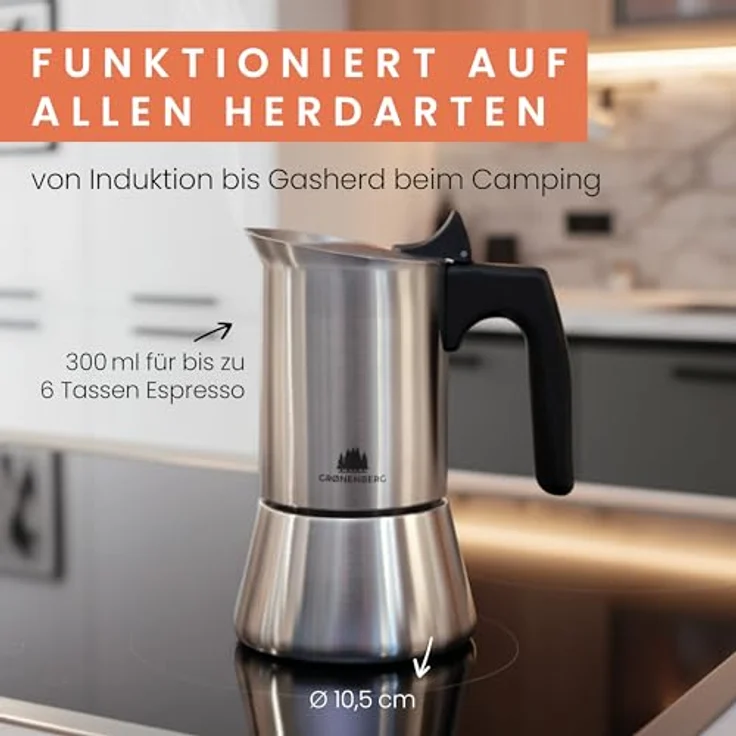 GRØNENBERG Espressokocher Edelstahl, Induktion geeignet, 4/6 Tassen, 0,3l, inkl. Reduziersieb & Ersatzdichtung, aluminiumfrei & unbeschichtet – Bild 3