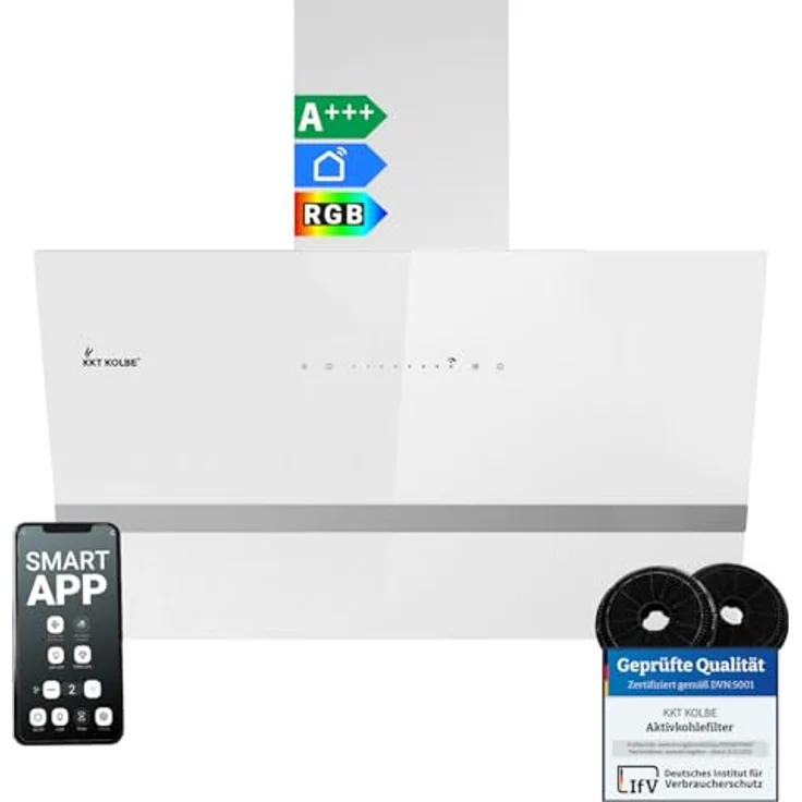 KKT KOLBE EASY8005WM Dunstabzugshaube 80 cm, 782 cbm/h Umluft Abluft, kopffrei, Wandhaube, weiß mit Glas, Smart WiFi, RGBW-LED-Beleuchtung, A+++ – Bild 1
