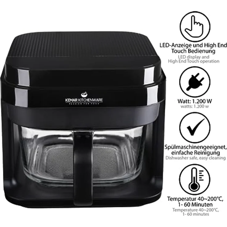 KeMar Kitchenware KHF-550 Heißluftfritteuse, 1200 W, 5,5 L Borosilikatglasbehälter, Edelstahl-Einsatz, Touch Display, 7 Programme, ohne Beschichtung – Bild 4
