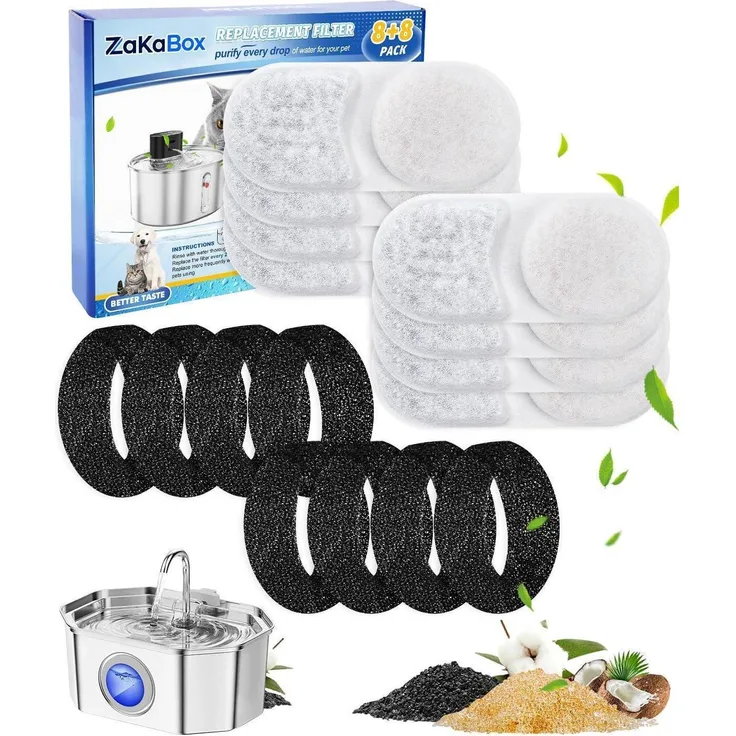 Katzenbrunnen Ersatzfilter Set 8 Aktivkohlefilter + 8 Schwammfilter für 3.2L Edelstahl Trinkbrunnen, Hochwirksame 2-Stufen-Filtration