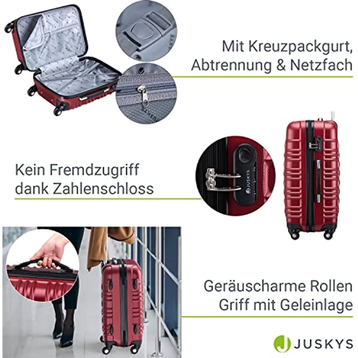Juskys Hartschale Kofferset Reisekoffer 4 teilig - Zahlenschloss, geräuscharme 360° Rollen groß, Teleskopgriff, leicht - Koffer in Rot – Bild 5