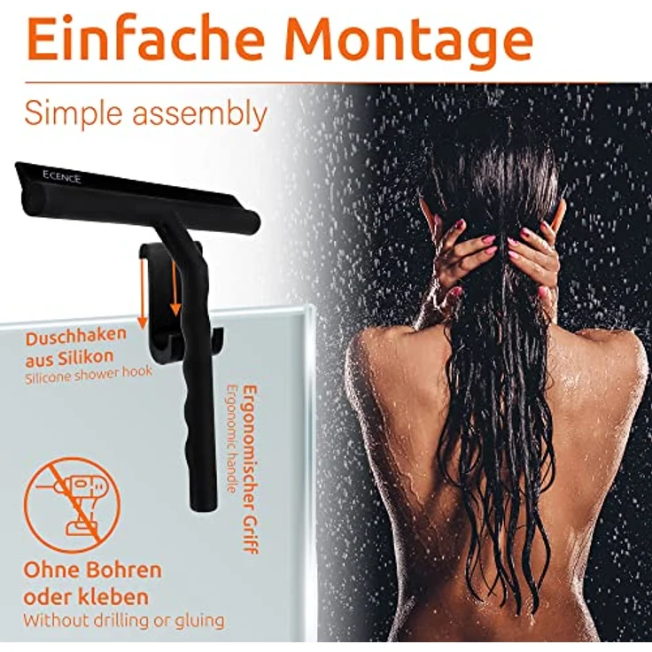 ECENCE Duschabzieher Silikon, Duschabwischer mit Aufhängung und Mikrofasertuch Schwarz 21cm Edelstahl Duschkabinenabzieher Fensterwischer Scheibenabzieher Glasabzieher ohne Bohren – Bild 4