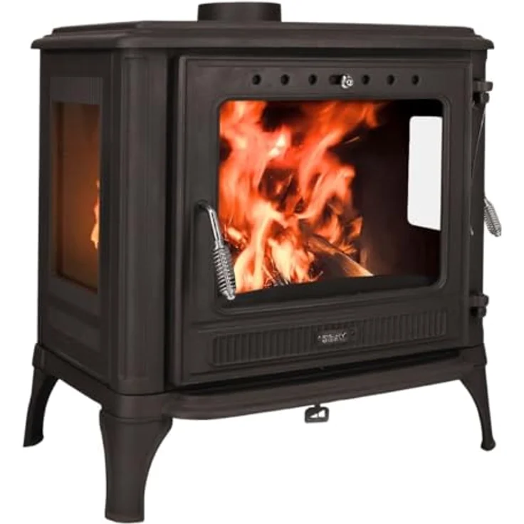 365 Kaminofen Ferrox 75 Panorama Plus, Gusseisen mit 10,5 kW Nennwärmeleistung, schwarze Ausführung, verglaste Seitentür und zwei Luftregler – Bild 1
