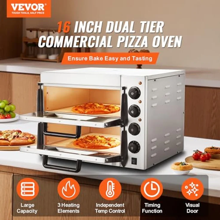 VEVOR Kommerzieller Pizzaofen FY-EP-2, elektrischer Edelstahl-Pizzaofen mit 2-lagigem Design, 16 Zoll und präziser Temperatursteuerung, Silber – Bild 2