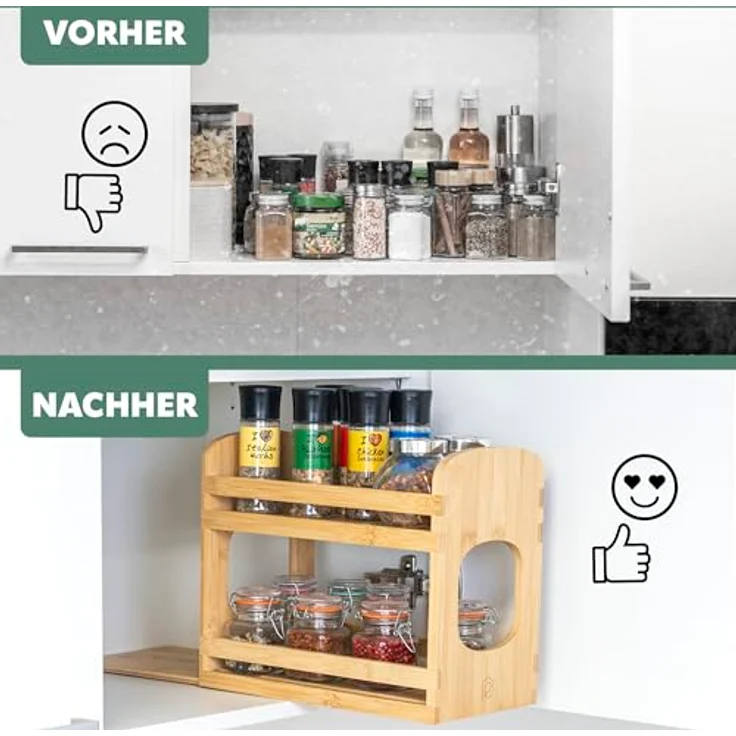 eluno Gewürzregal 2 Etagen, ausziehbarer Küchenorganizer zur Aufbewahrung von Gewürzen, Kräutern, Tee und Ölflaschen, leichte Montage zum Kleben oder Bohren, Bambus, 29 x 16 x 24,5 cm – Bild 3