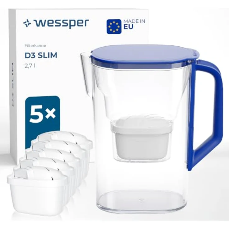 Wessper Wasserfilter Kanne, 2,7L für Kühlschranktür mit 6 Aktivkohle-Filtern - Blau – Bild 1
