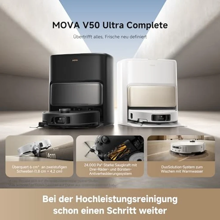 Mova V50 Ultra Complete-Saug- und Wischroboter mit Auto-Entleerung, 24.000 Pa Saugkraft, Warmwasser-Wischen, FlexiRise-Navigation - Blau – Bild 2