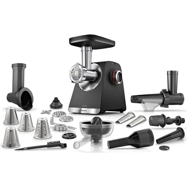 BOSCH Fleischwolf Serie 6 MFWS682B, 3,5kg/Min., Zitruspresse, Raspel, Wurststopfer, 500 W, 2 Lochscheiben (3&8mm), 10 J Motorgarantie, Planetengetriebe, schwarz