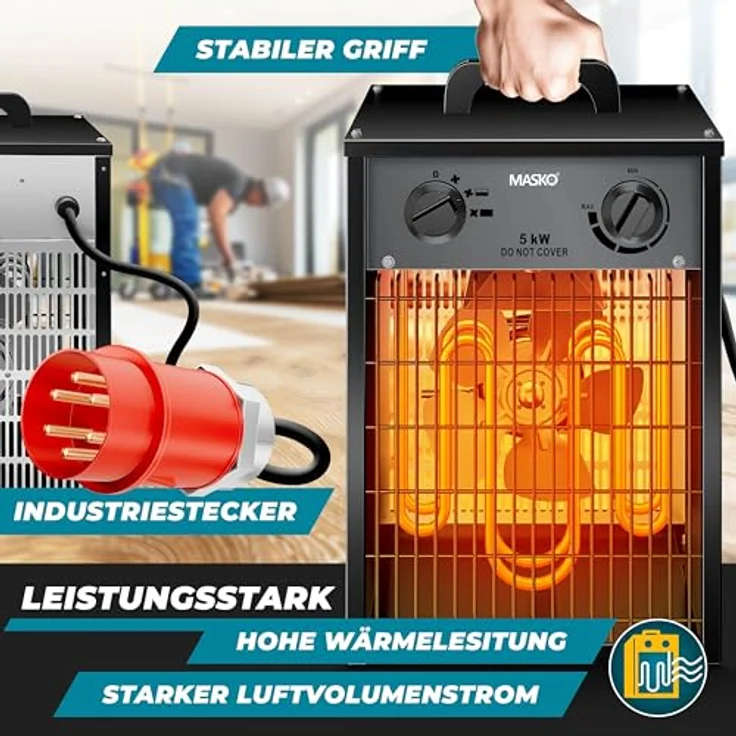 MASKO® Elektroheizer Heizlüfter Bauheizer 5 KW, elektrisch mit integriertem Thermostat, 3 Heizstufen, Überlastschutz, für Innen- & Außeneinsatz, anthrazit – Bild 2
