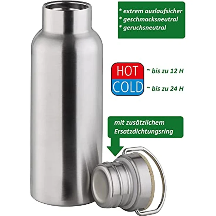 APS Hochwertige langlebige Edelstahl Isolierflasche/ Trinkflasche mit 500 ml inkl. Tragebügel und Ersatzdichtung/ auslaufsichere doppelwandige Getränkeflasche für Kinder, Freizeit & Erwachsene, Silber – Bild 2