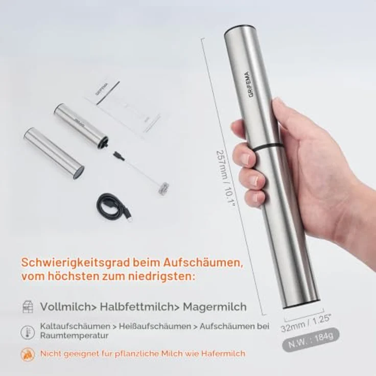 GRIFEMA Milchaufschäumer Elektrisch Aufladbar, Hand Milchmixer mit Edelstahlquirl, USB-C-Ladung, Ergonomischer Griff, Tragbar – Bild 3