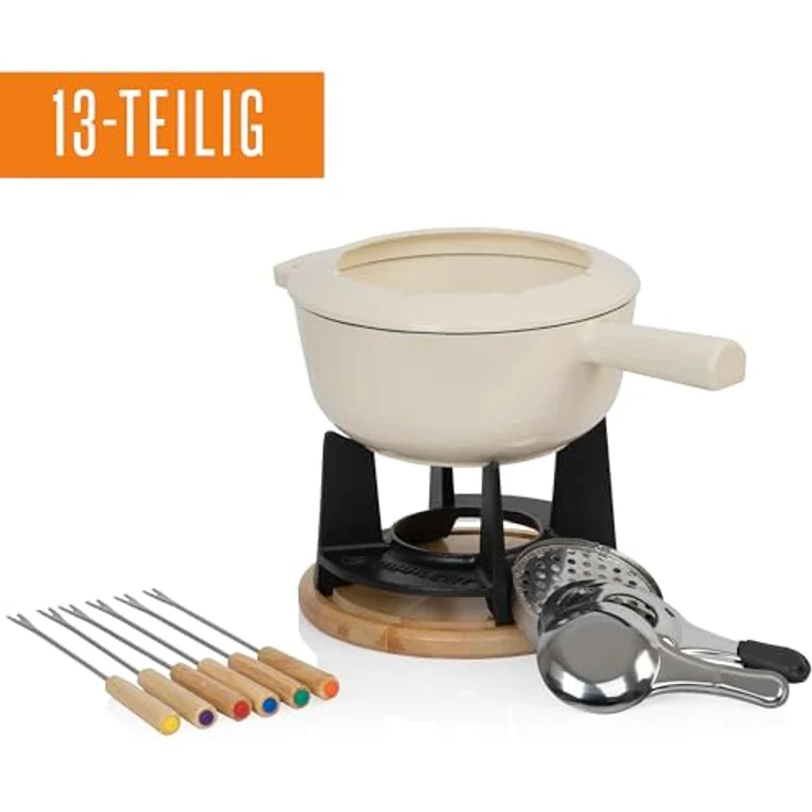 Mahlzeit Gusseisen Fondue Set für 6 Personen | 2 Liter | Fondueset 13 teilig mit Brenner und Gabeln | Fondue-Set, Käsefondue Set, Fleischfondue Set, Schokofondue Set (Creme emailliert) – Bild 2
