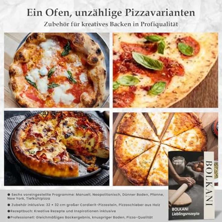BOLKANI Elektrischer Pizzaofen mit Pizzastein und Pizzaschieber, 450°C, 1700W, Timer und Innenbeleuchtung, für knusprige Steinofen-Pizza in 2 Minuten – Bild 6