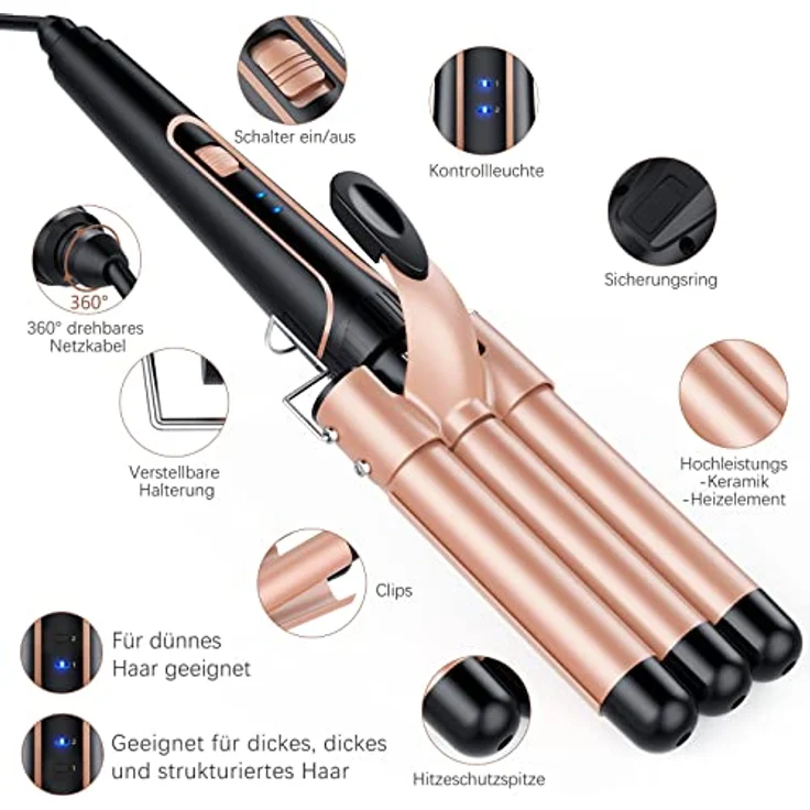 Lockenstab set 5 in 1 Welleneisen - Lockenstäbe 3 Fässer für Große Keine Locken Keramik Lockenwickler mit Verschiedenen Aufsätzen Temperatureinstellung Schnelle Erwärmung mit Handschuh und 2 Clips – Bild 5