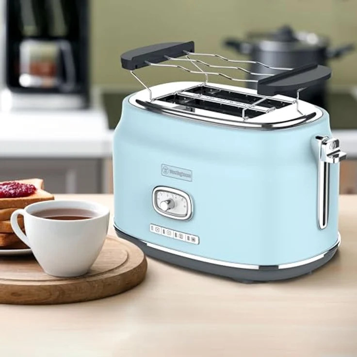 Westinghouse Retro Toaster 2 Scheiben, Abnehmbarer Brötchenaufsatz, 6 Bräunungsstufen, Brotzentrierung, Auftau-, Aufwärm- & Stoppfunktion, Kontrollleuchte, Ausziehbare Krümelschale, hellblau – Bild 5