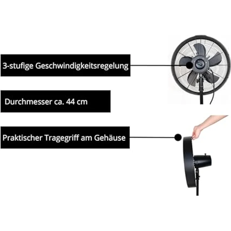 Unold 86725 Standventilator Black Steel, 50 W, 3-stufige Geschwindigkeitsregelung, verstellbarer Neigungswinkel, zuschaltbare Oszillation, Durchmesser ca. 44 cm, schwarz – Bild 3