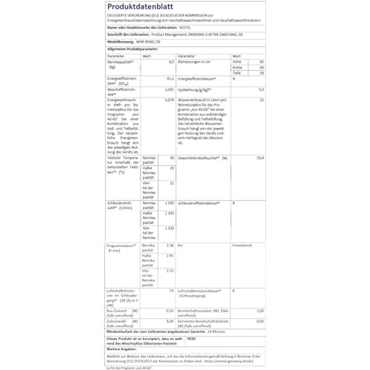 VESTEL WMI 89341 DX, Frontlader Waschmaschine mit 8 kg, 1400 U/min, Inverter-Motor, Dampf, AquaStop+Switch, Dark Inox – Bild 12