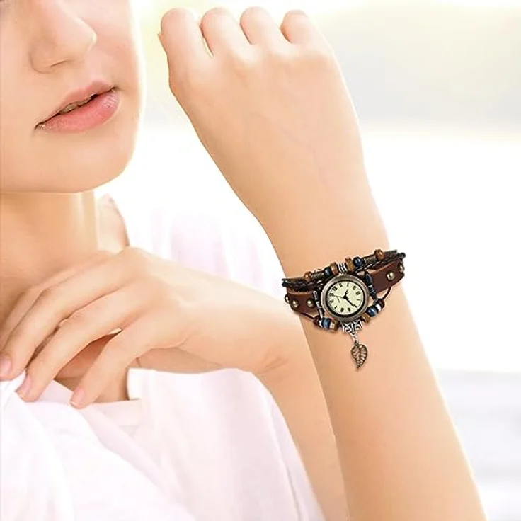 JewelryWe Vintage Damen Armbanduhr, Braun, Analog Quarz mit geflochtenem Lederarmband und Blatt-Anhänger – Bild 2