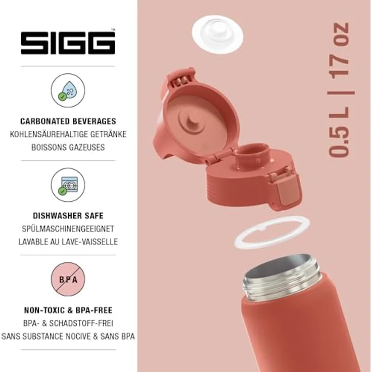 SIGG Shield Therm One, Isolierte Trinkflasche für kohlensäurehaltige Getränke, auslaufsicher, BPA-frei, 90% recycelter Edelstahl, rostrot, 0,5L – Bild 3