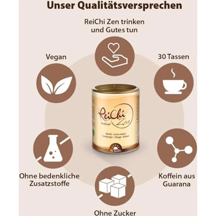 ReiChi Zen Dr.Jacob's Pulver, 150 g, veganer Pilzmix mit Reishi, Chaga, Cordyceps, Lions Mane, Guarana & Kakao ohne Zusatzstoffe & Zucker – Bild 3