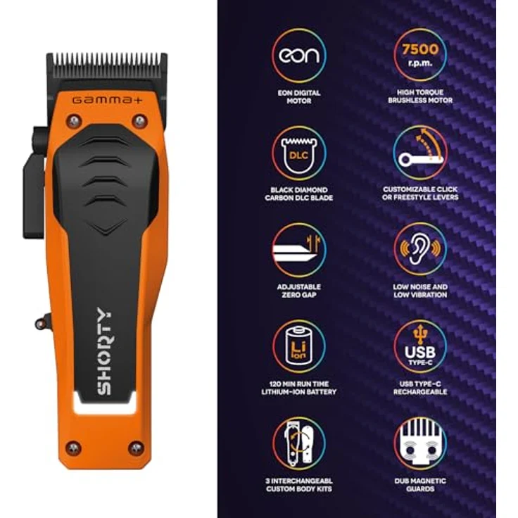 GAMMA+ Shorty Professioneller Herren-Haarschneider mit Brushless-EON-Motor, 120 Min Autonomie, Verstellbare Klinge, 4 Kämme, 3 Austauschbare, USB Typ C Kabel – Bild 2
