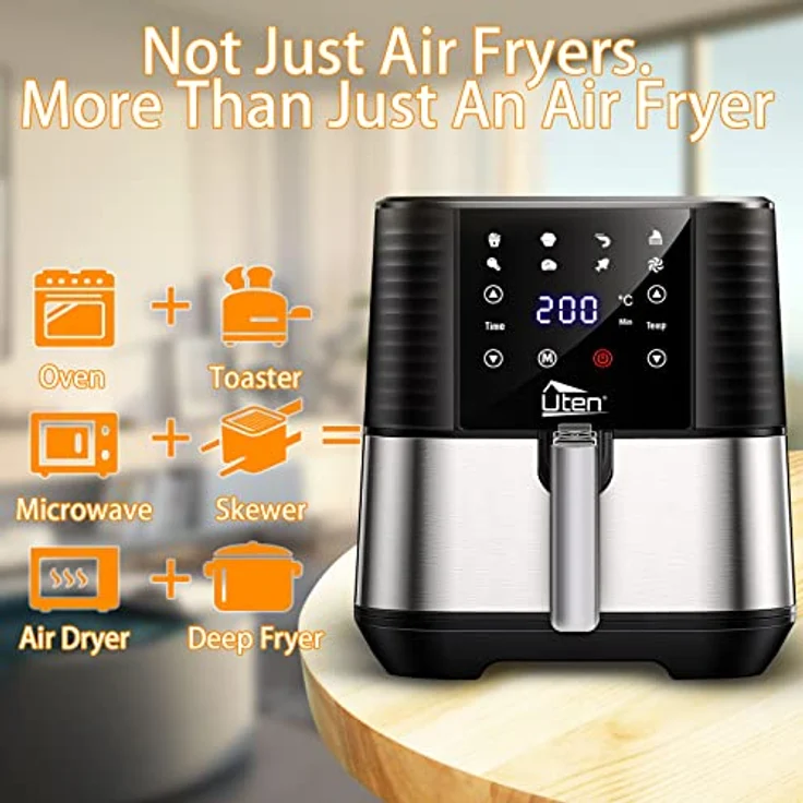 Heißluftfritteuse, Uten 5,5L Airfryer XXL Heissluftfriteuse mit digitalem LED-Touchscreen, 7 Programms, 32 Rezepte, Vorheizen&Warmhalten, Edelstahl Antihaftkorb, ohne Fett, 1700W – Bild 4